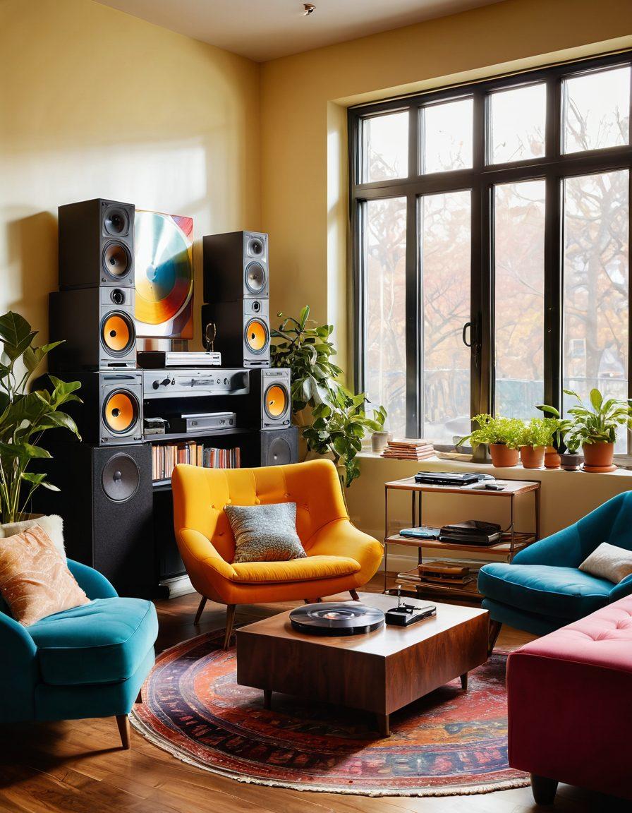 A vibrant living room filled with high-fidelity audio equipment, showcasing speakers, turntables, and colorful vinyl records. Soft sunlight streaming through a window creates a cheerful atmosphere, highlighting a cozy seating area with a person immersed in music, smiling. Musical notes in bright colors float around, symbolizing different moods. The overall scene radiates joy and warmth, inviting the viewer to experience the bliss of sound. super-realistic. vibrant colors. cozy atmosphere.