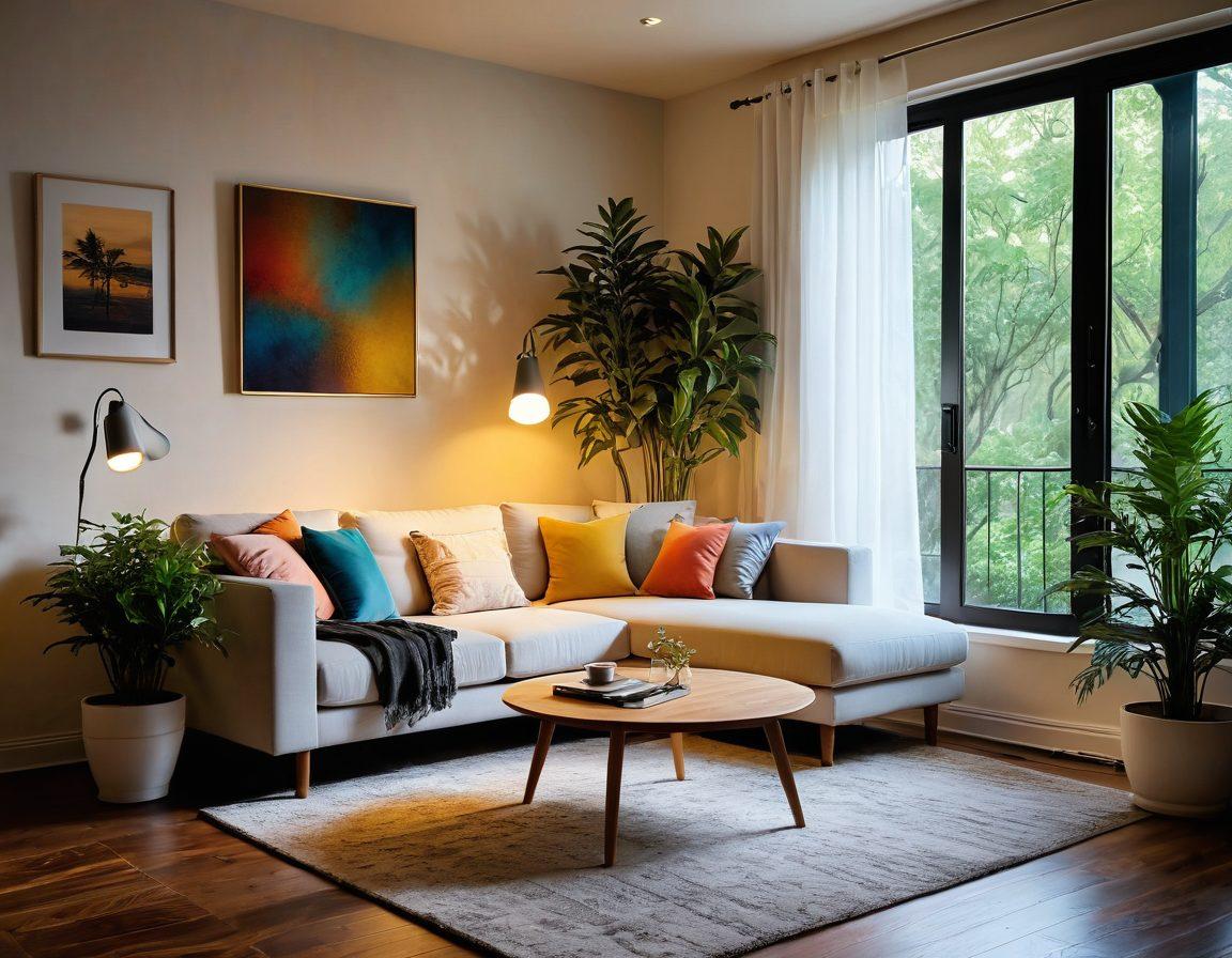 A serene setting with a cozy living room furnished with plush cushions and modern Hi-Fi audio equipment. Soft, warm lighting illuminates a corner where sound waves visually radiate, creating a sense of peace. Include vibrant plants and artistic soundwave patterns in the air, symbolizing blissful soundscapes. Capture a person relaxing and enjoying the music, evoking a feeling of joy and tranquility. vibrant colors. super-realistic. soft lighting.