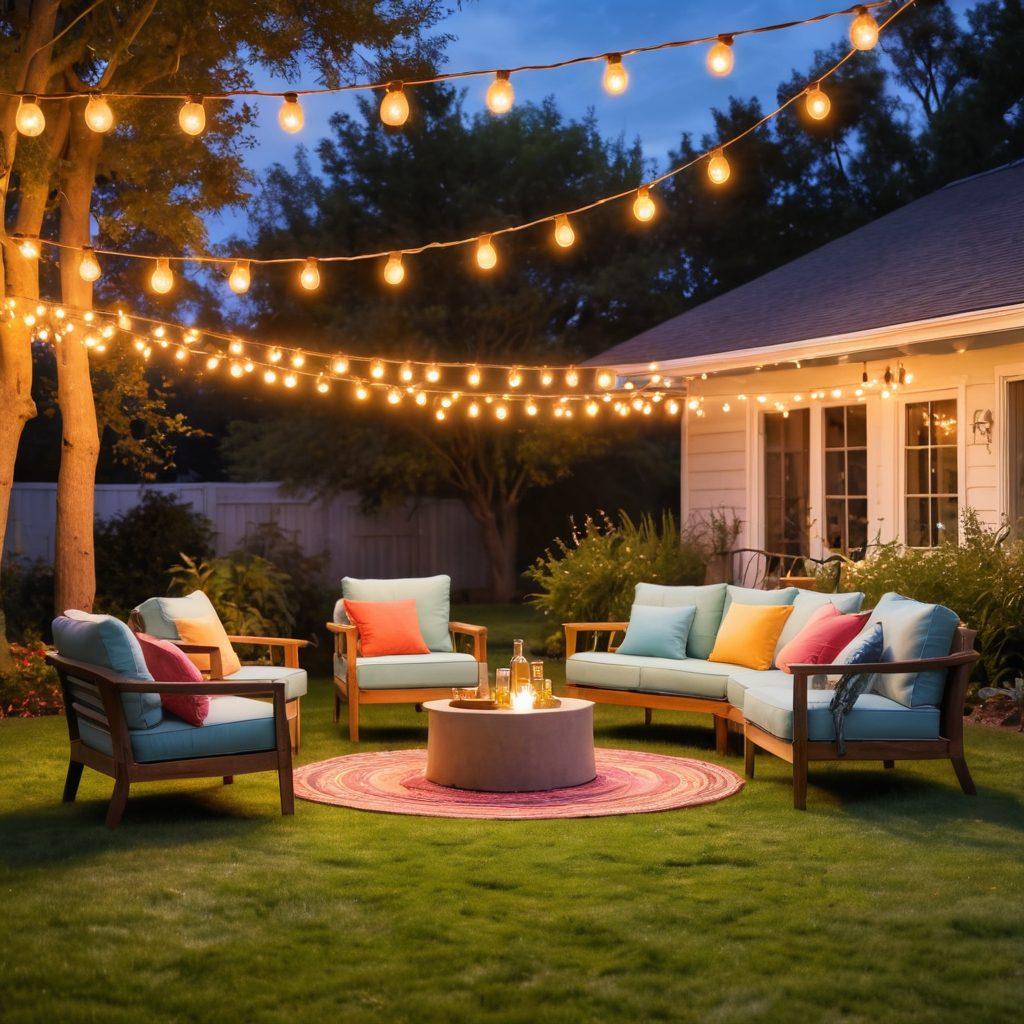 A serene scene depicting a lively outdoor gathering with friends, dancing joyfully under colorful string lights. Music notes swirl around them, blending into vibrant hues of sunset colors in the background, evoking a sense of happiness and togetherness. Include elements of musical instruments like guitars and drums, and soft cushions scattered on the grass for a cozy vibe. Create an uplifting atmosphere that radiates bliss and fun. vibrant colors. watercolor style.